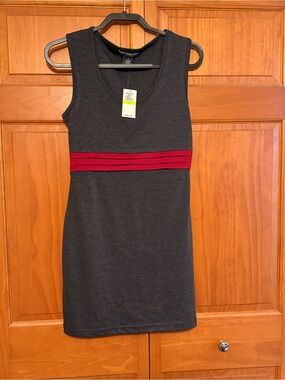 Sleeveless Dark Gray Dress with Red Waistband - business casual